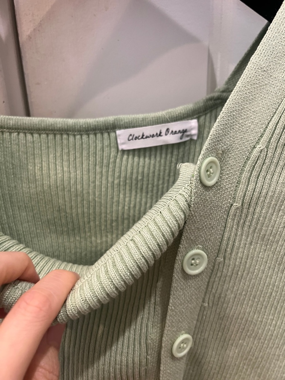Asymmetric Button-Front Ribbed Top - Light Sage Green - Picture 2 of 4